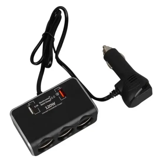 Olesson 1639 12-24V Çift USB Girişli Hızlı Şarj Destekli 120W 80cm Kablolu Dijital Voltaj Ekranlı 3'lü Araç Çakmak Çoklayıcı resmi