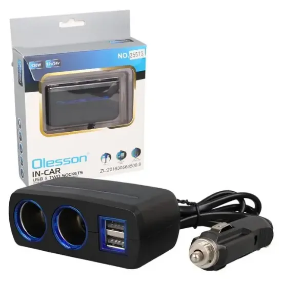 Olesson 1638 12-24V Çift USB Girişli 120W 80 CM Kablolu 2'LI Araç Çakmak Çoklayıcı resmi