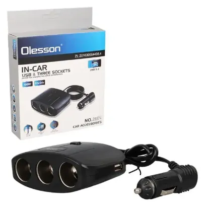Olesson 1635 12-24V Çift USB Girişli 100W 70 CM Kablolu 3'LÜ Araç Çakmak Çoklayıcı 100x66x40mm resmi