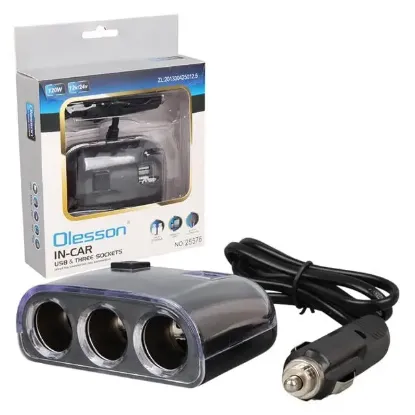 Olesson 1505 12-24V Çift USB Girişli 120W 80cm Kablolu 3'LÜ Araç Çakmak Çoklayıcı resmi