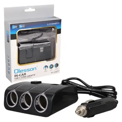 Olesson 1506 12-24V Çift USB Girişli 120W 80 CM Kablolu 3'LÜ Araç Çakmak Çoklayıcı resmi