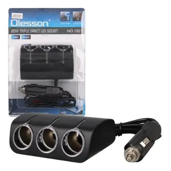 Olesson 1521 12-24V 120W 80 CM Kablolu 3'LÜ Araç Çakmak Çoklayıcı resmi