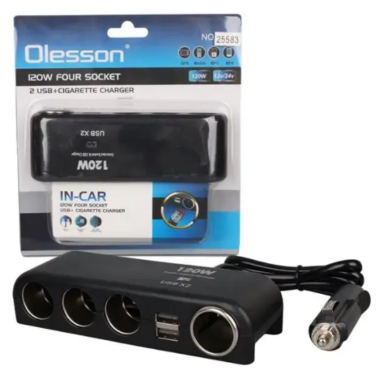 Olesson 1525 12-24V Çift USB'LI 120W 80cm Kablolu 4'LÜ Araç Çakmak Çoklayıcı resmi