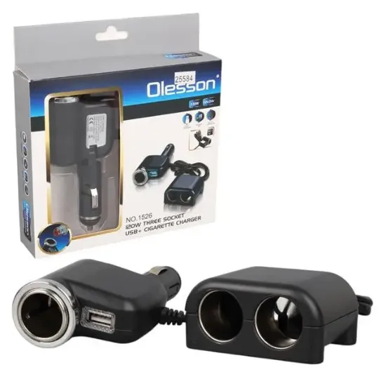 Olesson 1526 12-24V Tek USB Girişli 120W 80 CM Kablolu 3'LÜ Araç Çakmak Çoklayıcı resmi