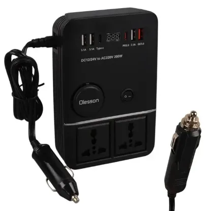 Olesson 1661 DC 12-24V 200W Oto Araç Power İnverter 2x Çakmak Girişi - 2x TYPE-C - 4x USB - 2x 220V Üniversal Priz resmi