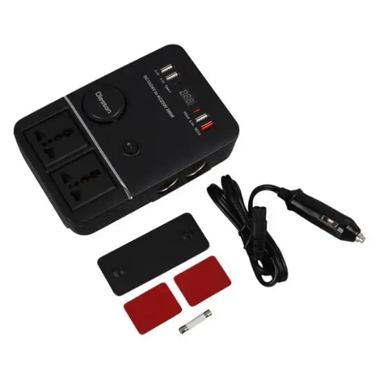 Olesson 1661 DC 12-24V 200W Oto Araç Power İnverter 2x Çakmak Girişi - 2x TYPE-C - 4x USB - 2x 220V Üniversal Priz resmi