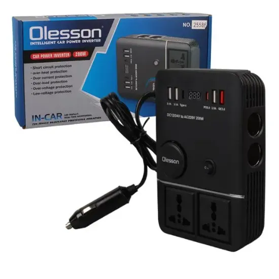 Olesson 1661 DC 12-24V 200W Oto Araç Power İnverter 2x Çakmak Girişi - 2x TYPE-C - 4x USB - 2x 220V Üniversal Priz resmi