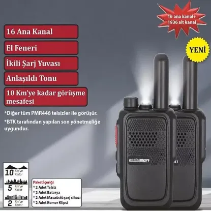 Aselsan Pm-580 Pmr Şarj Dahil İkili El Telsizi (10 Km)(16 Kanal + 121 Alt Kanal) resmi