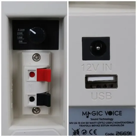 MagicVoice MV-24 13 CM 50 Watt Komütatörlü Hat Trafolu Krem Beyaz Sütun Hoparlör (2'li Takım) resmi