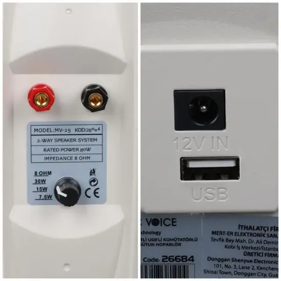 MagicVoice MV-25 16 CM 80 Watt Komütatörlü Hat Trafolu Beyaz Sütun Hoparlör (2'li Takım) resmi