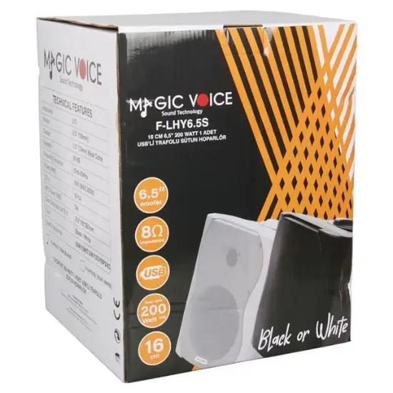 MagicVoice F-LHY6.5S 6.5" (16 CM) Hat Trafolu Duvar Tipi Sütun Hoparlör (30W RMS / 200W Peak - MP3 USB Uyumlu) - Siyah resmi