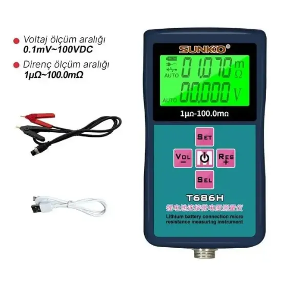 Sunkko T686H Hassas Pil İç Direnç ve Voltaj Test Cihazı (0-100V - 0-100 Ohm) resmi
