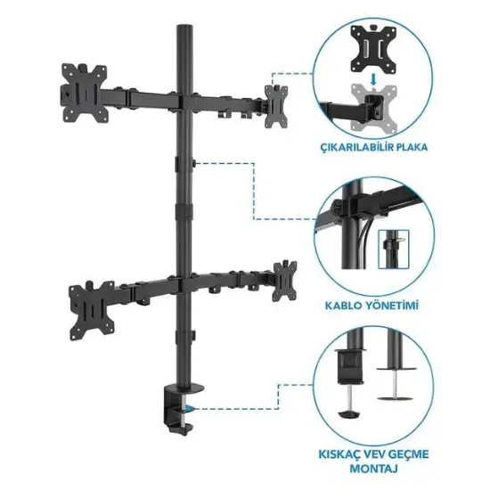 PowerMaster PM-054 13-27'' Dörtlü (Quad) Mekanik LCD-LED Gaming Monitör Tutucu Masa Stand Askı Aparatı resmi