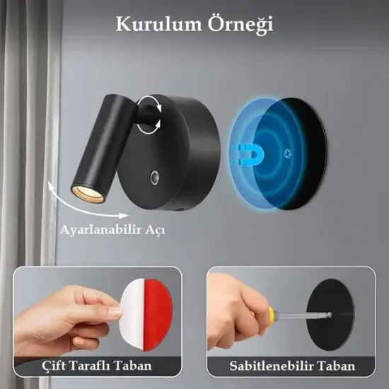 Ledx AL-XYD05 Çok Fonksiyonlu Dokunmatik Şarjlı 1200mAh Duvar Aplik 3000K-4000K-6500K TYPE-C Şarj Girişli resmi