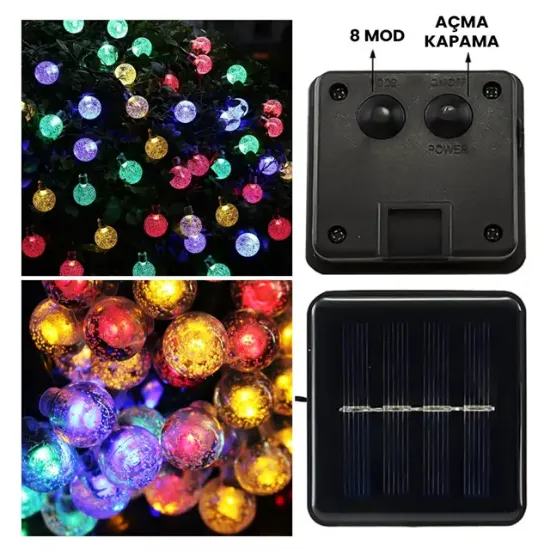 PowerMaster PM-29080 Solar Balon LED Dekoratif Bahçe Lambası 12M 100 Adet Çok Renkli Animasyonlu Dış Mekan LED Işık Zinciri resmi