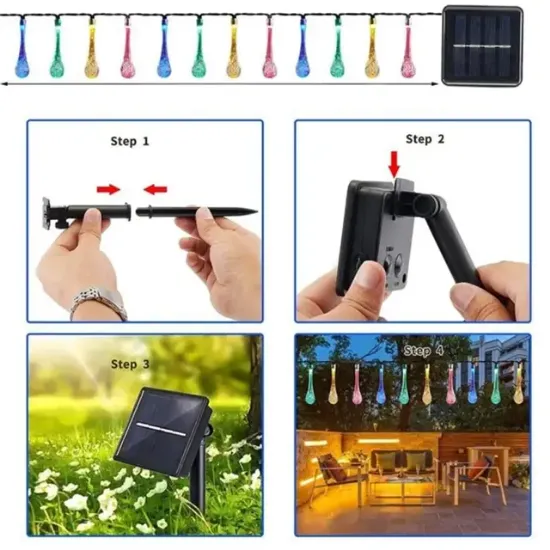 PowerMaster PM-29078 8 Modlu Solar 12M Renkli Su Damlası LED Zinciri - Su Geçirmez Bahçe ve Balkon Aydınlatması resmi