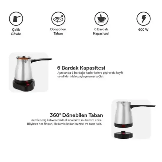 Crown CRW-7104 600W 6 Fincan Elektrikli Türk Kahve Makinesi Paslanmaz Çelik Inox Cezve AC220V resmi