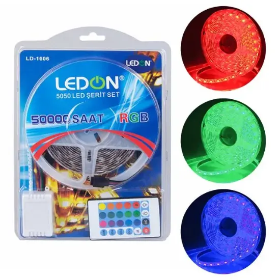 Ledon LD-1606 Su Geçirmez 5 Metre RGB Şerit Led Animasyon Devreli Adaptörlü Set 5050 3 Çipli Silikonlu resmi