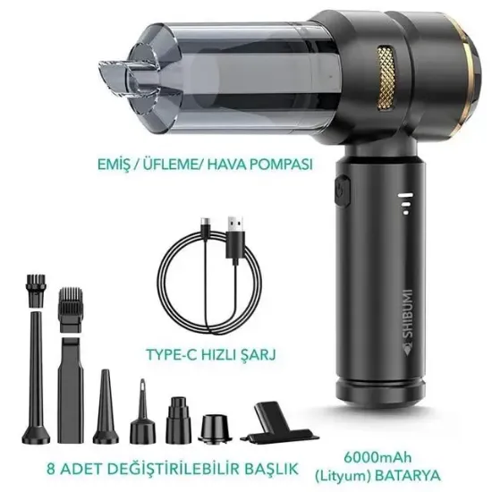 Shibumi Tornada 100 Watt 6000mAh 16000pa Çekiş Gücü 8 Adet Başlıklı Şarjlı Güçlü Üfleme Araç İçi Süpürge resmi