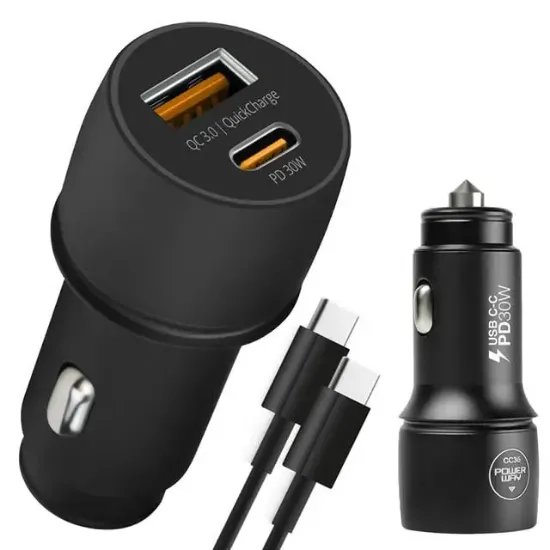 Powerway CC36 30W PD + QC 3.0 Çift Çıkışlı Metal Araç Çakmaklık Hızlı Şarj Kablolu Set resmi
