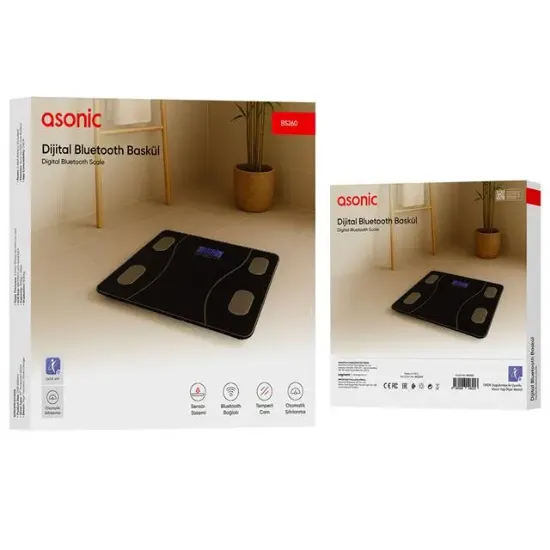 Asonic BS260 Siyah 260x260 Mm Dijital Bluetooth Baskül (2*AAA Pil Hediyeli)  resmi