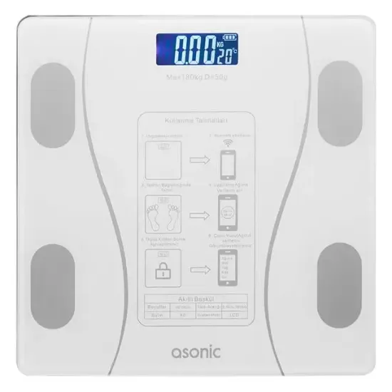 Asonic BS260 Beyaz 260x260 Mm Dijital Bluetooth Baskül (2*AAA Pil Hediyeli) resmi