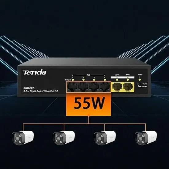 Tenda S106PC 6-Portlu 10/100 Mbps Lite PoE Uplink Switch (4 Port PoE Destekli 55W Toplam Güç) resmi
