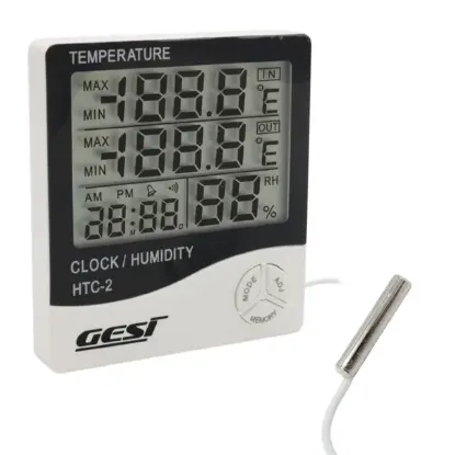Gesi HTC-2 Dijital Ekranlı Isı ve Nem Ölçer Saat Alarm Dış Mekan Problu Termometre resmi