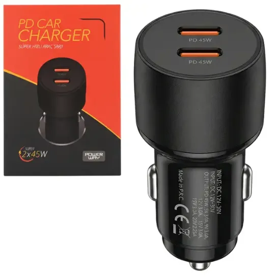 Powerway CC45 PD 2x45W Çift Type-C Çıkışlı Ultra Hızlı Araç Şarjı resmi
