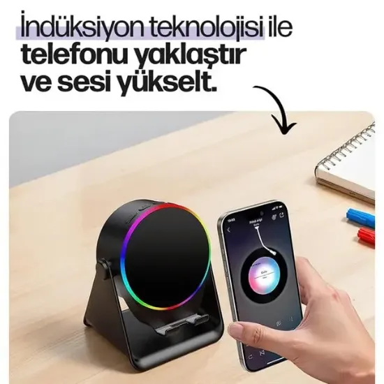 Enkado EKD-S11 5W İndüksiyonlu Bluetooth Hoparlör Ses Yükselten 2000mAh RGB Işıklı Standlı Speaker resmi
