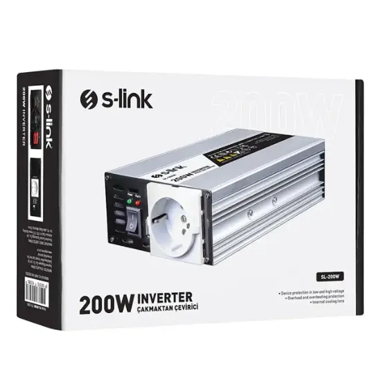 S-Link SL-200W-12 200 Watt DC 12V - AC 230V Anahtarlı Tek USB Portlu Çakmaktan Power Inverter resmi