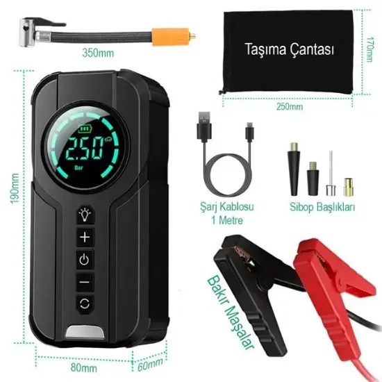 Buwei BW-29879 Powerbank Araç Akü Şarj Lastik Hava Kompresörü Şişirici Taşınabilir Dijital Kablosuz El Feneri resmi