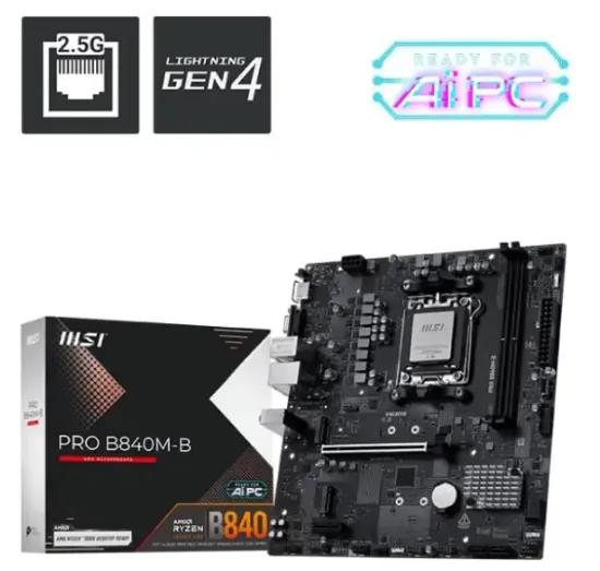 MSI PRO B840M-B AM5 DDR5 8000MHZ(OC) HDMI VGA 2X M.2 USB 5 GBS 2.5G LAN MATX resmi