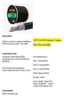 Feny FN-CAT690 305 Metre 23 AWG 0.57mm Dış Mekan Cat6 UTP Kablo resmi