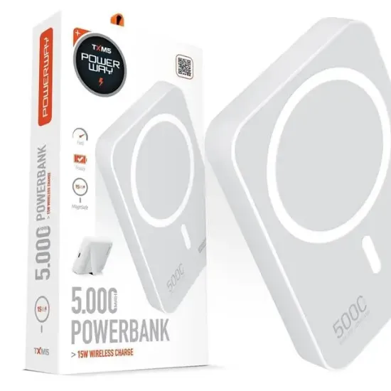 Powerway 5.000mAh PD15W Magsafe Kablosuz Wireless Taşınabilir Şarj Cihazı Beyaz Powerbank TXM5 resmi