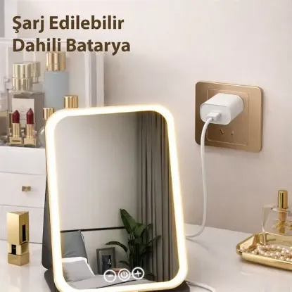 Powermaster PM-27372 Dc 5V Işıklı 3 Renk Modlu Şarjlı Katlanabilir Ledli Küçük Boy     Profesyonel  Makyaj Aynası  resmi