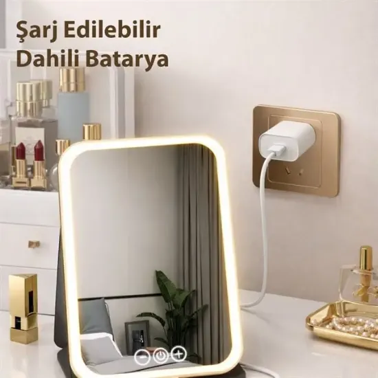 Powermaster PM-27372 Dc 5V Işıklı 3 Renk Modlu Şarjlı Katlanabilir Ledli Küçük Boy     Profesyonel  Makyaj Aynası  resmi