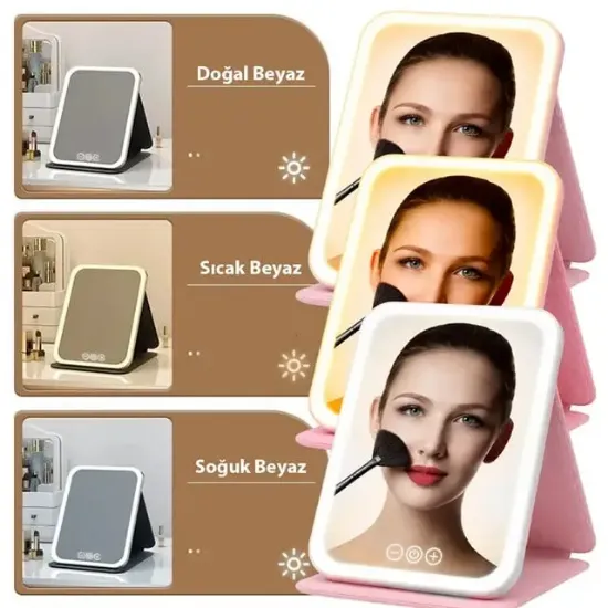 Powermaster PM-27372 Dc 5V Işıklı 3 Renk Modlu Şarjlı Katlanabilir Ledli Küçük Boy     Profesyonel  Makyaj Aynası  resmi