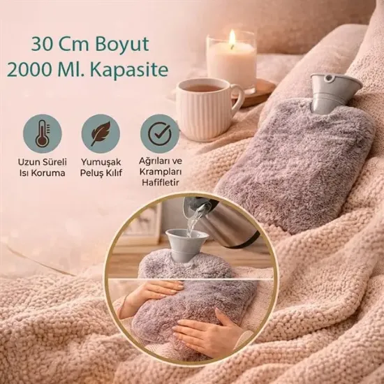 Sunup SN-29909 Peluş Kılıflı Yumuşak Dokulu 30 Cm 2000 Ml Kapasiteli Sıcak Su Torbası resmi