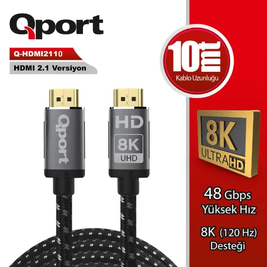 QPORT Q-HDMI2110 ALTIN UCLU 10MT 8K HDMI KABLO resmi