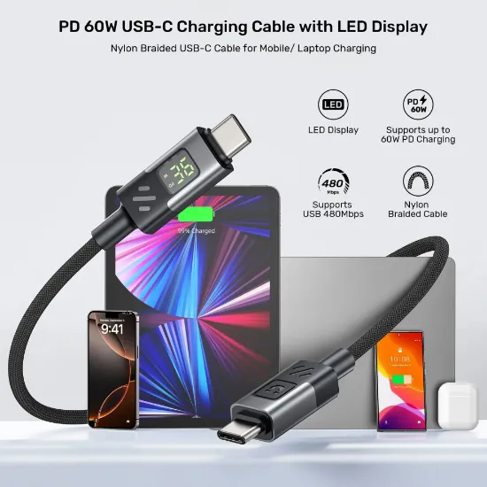 UNITEK USB2.0 1MT 60W LED ŞARJ KABLOSU (C14158ABK01-1M) resmi