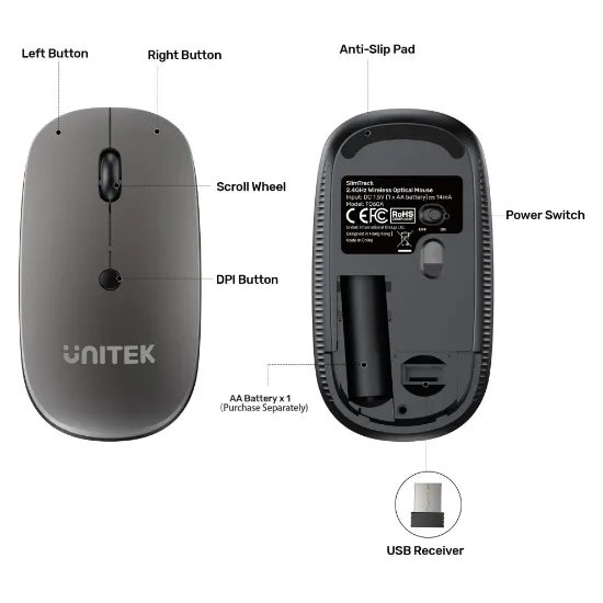 UNITEK SLIMTRACK 2.4GHZ KABLOSUZ MOUSE (T060AGY01) resmi