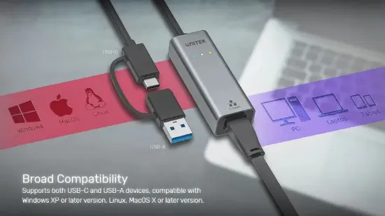 UNITEK HİBRİT USB-C/USB-A 2.5 GİGABİT ETHERNET ADAPTÖRÜ (U1313CGY01) resmi