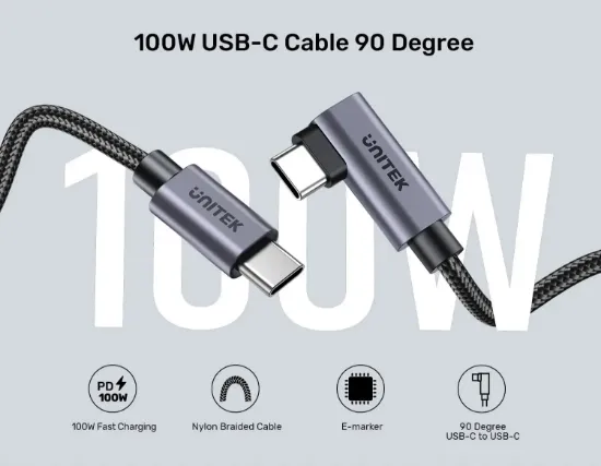 UNITEK TYPE-C HIZLI ŞARJ 90D 3MT 100W(C14123BK-3M) resmi
