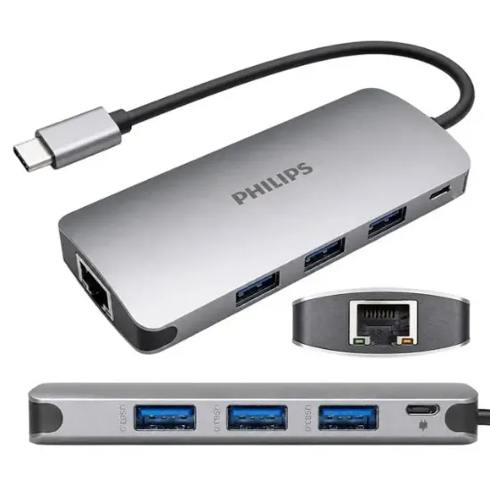 Philips SWR1607H/93 USB-C 5'i 1 Arada Hub - RJ45 Ethernet + 3 Port USB 3.0 resmi