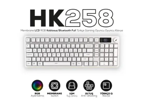 HAWK GAMING HK258W MEMBRANE LCD RGB KABLOSUZ BLUET resmi