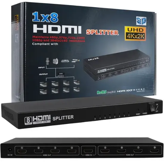 PowerMaster PM-14218 1 Giriş 8 Çıkış Port 1080P FHD HDMI Dağıtıcı Splitter (8'li Çoklayıcı) resmi