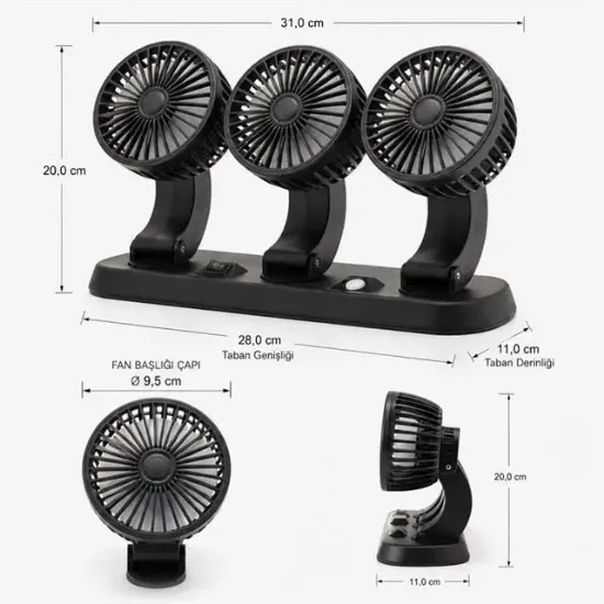 Powermaster Fan40 12 Volt Dc Çakmaklıklı Mini 3Lü Plastik Araç Fanı resmi