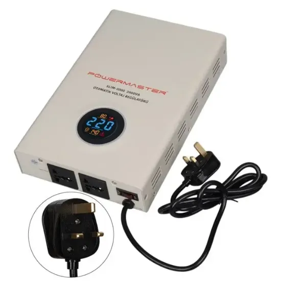 Powermaster SLIM-2000 Otomatik 2000VA Kombi Voltaj Regülatörü (İngiliz Fişli ve Evrensel Çoklu Soketli) resmi