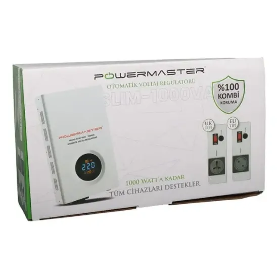 Powermaster SLIM-1000 Otomatik 1000VA Kombi Voltaj Regülatörü (İngiliz Fişli ve Evrensel Çoklu Soketli) resmi